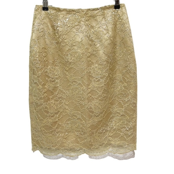 Kate Hill Women’s Gold Lace Pencil Skirt back Slit Sz 6 Lined - Picture 5 of 11